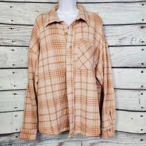 Victoria’s Secret PINK Women’s Oversized Plaid Button Down Shirt Beige Tan Size